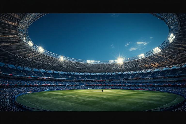 Dubai International Stadium exterior under blue sky